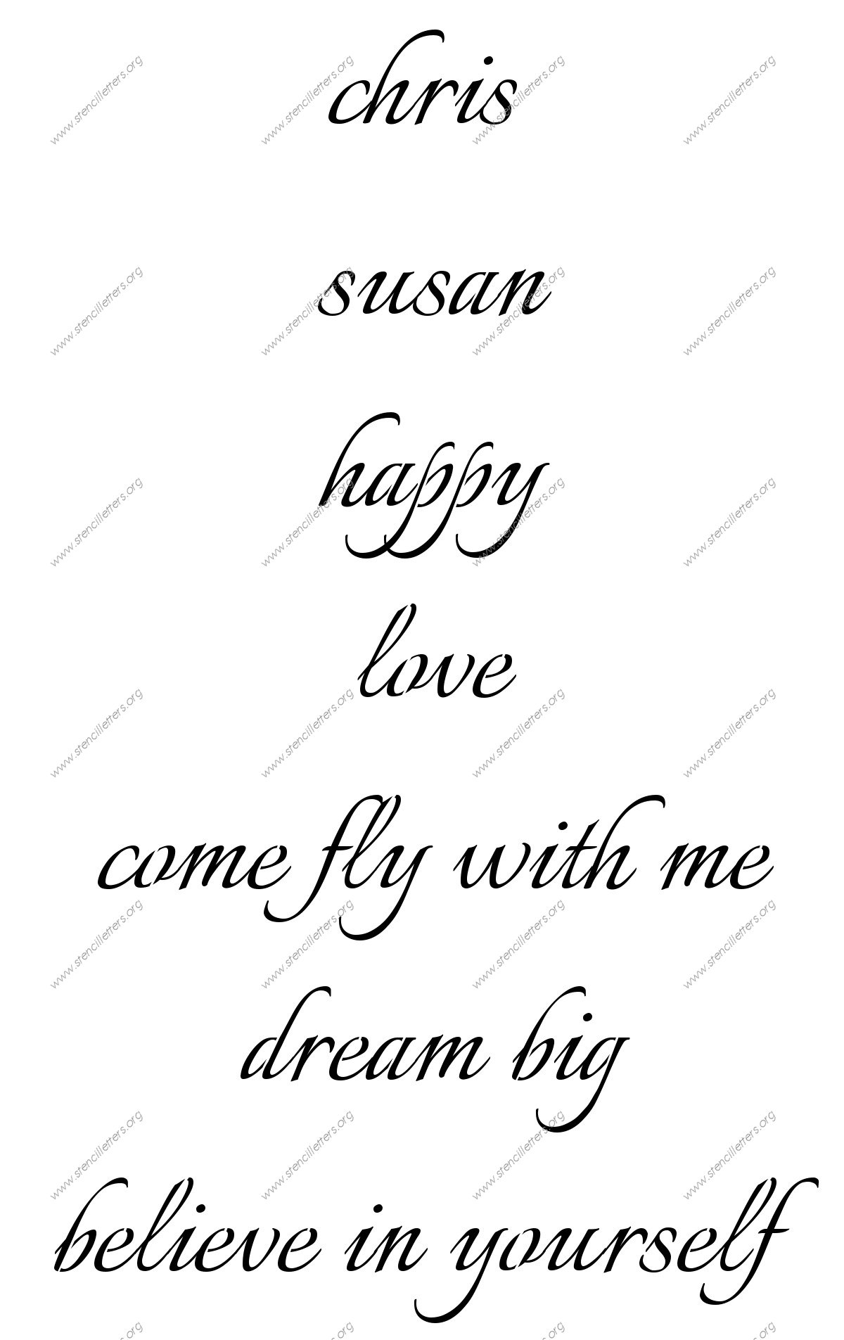 Connected Calligraphy lowercase stencil Names, Words, Phrases samples