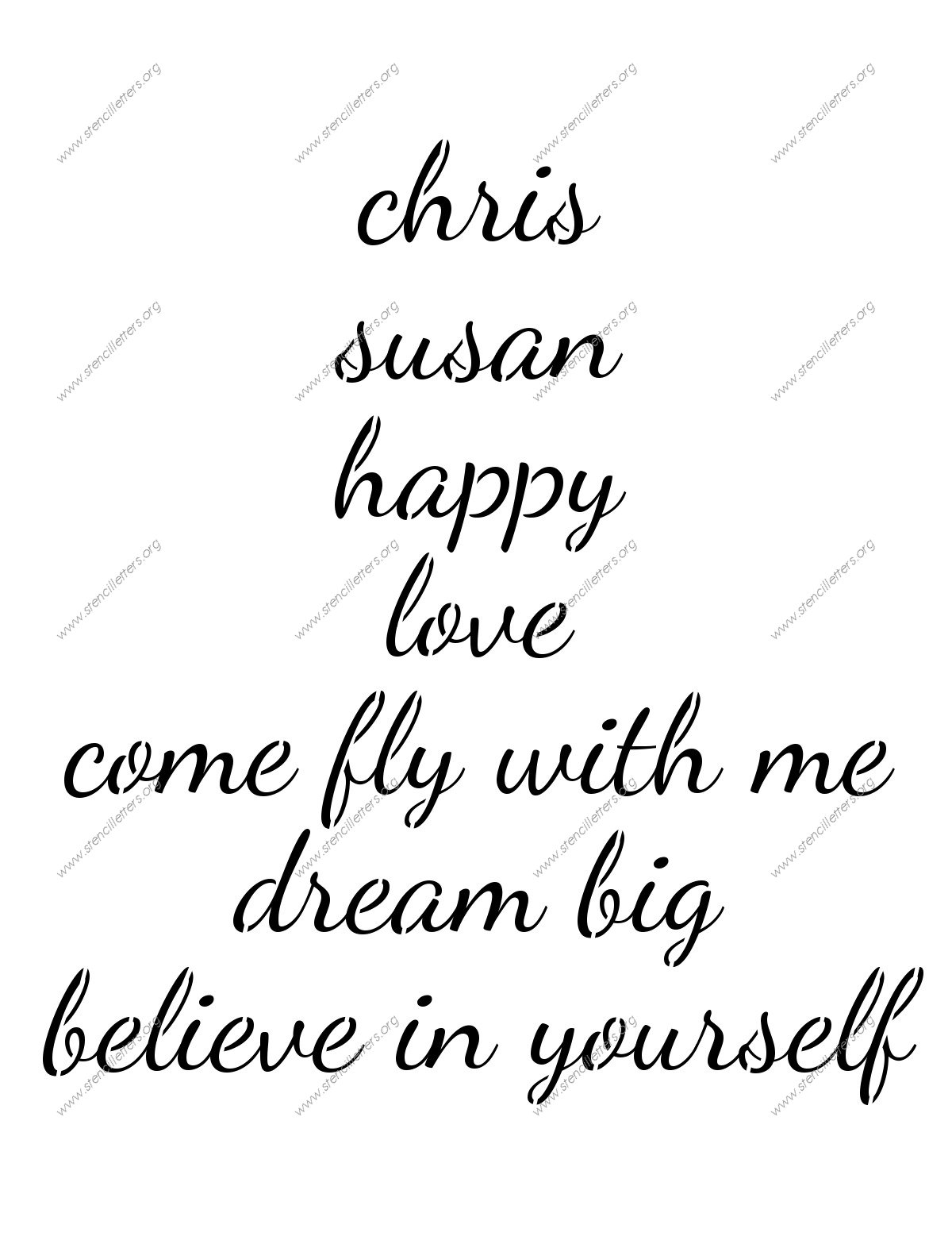 1950s Cursive Script lowercase stencil Names, Words, Phrases samples