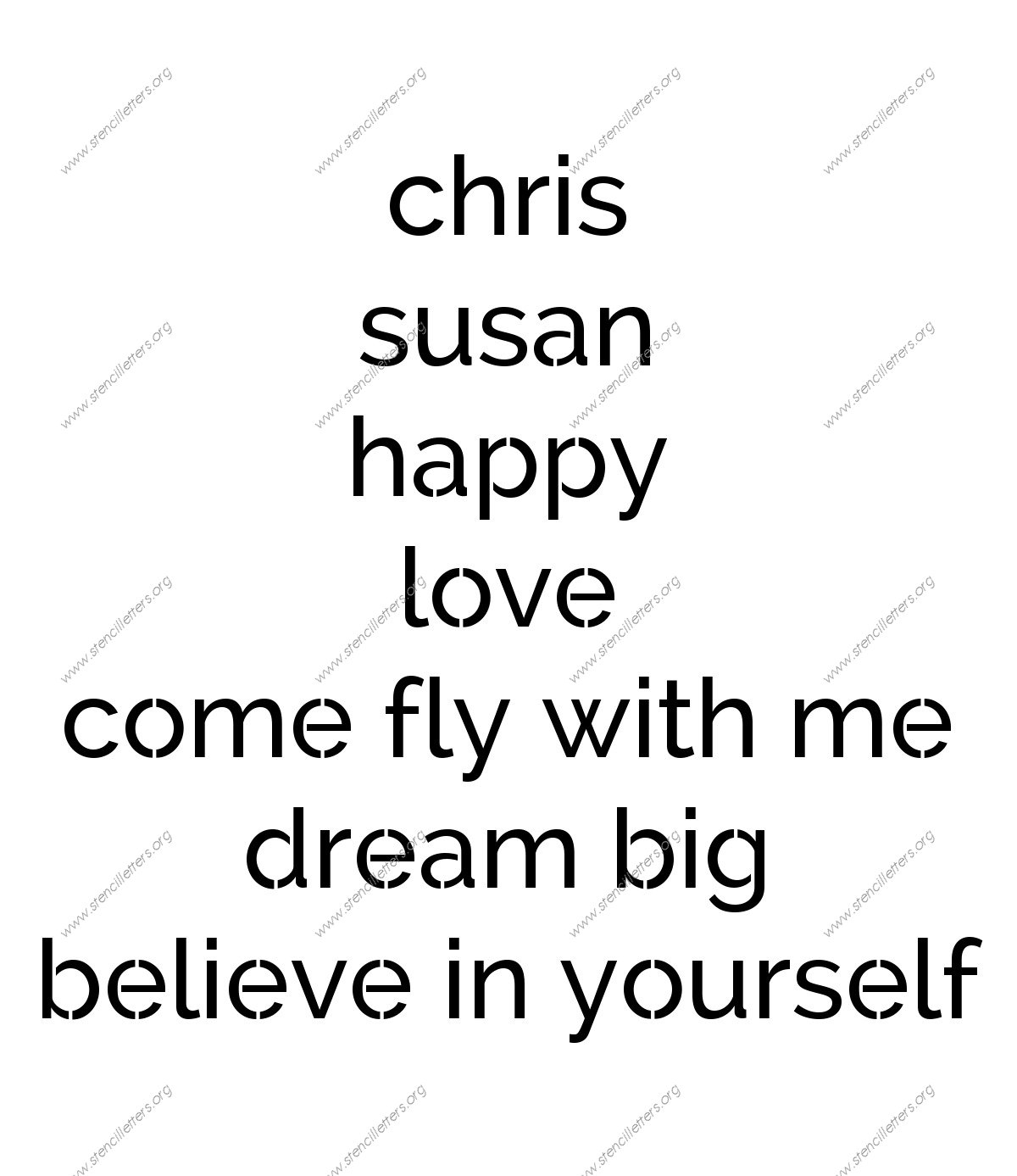 Smooth Elegant Sans lowercase stencil Names, Words, Phrases samples