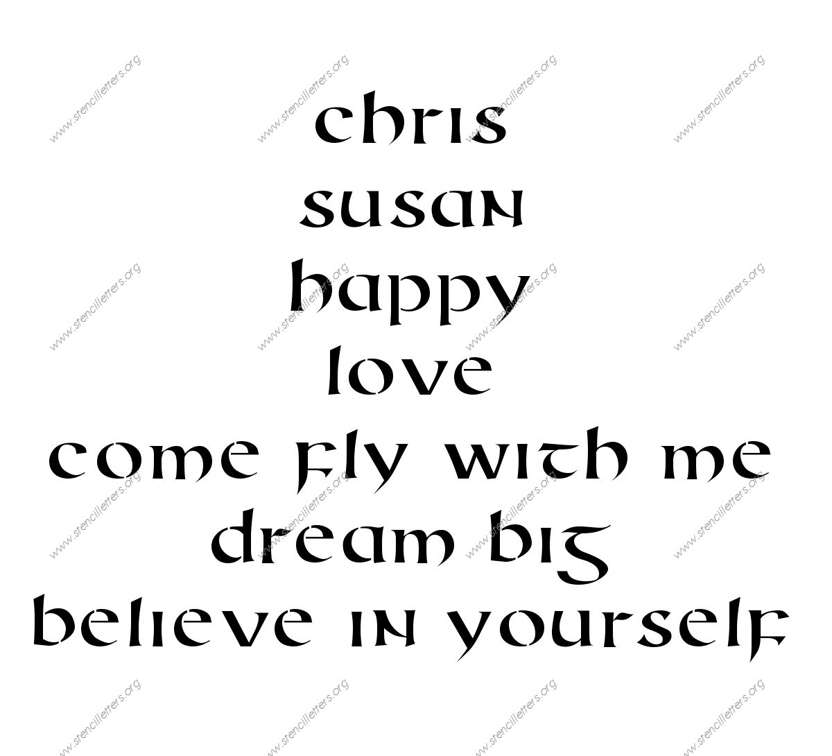 Celtic International lowercase stencil Names, Words, Phrases samples