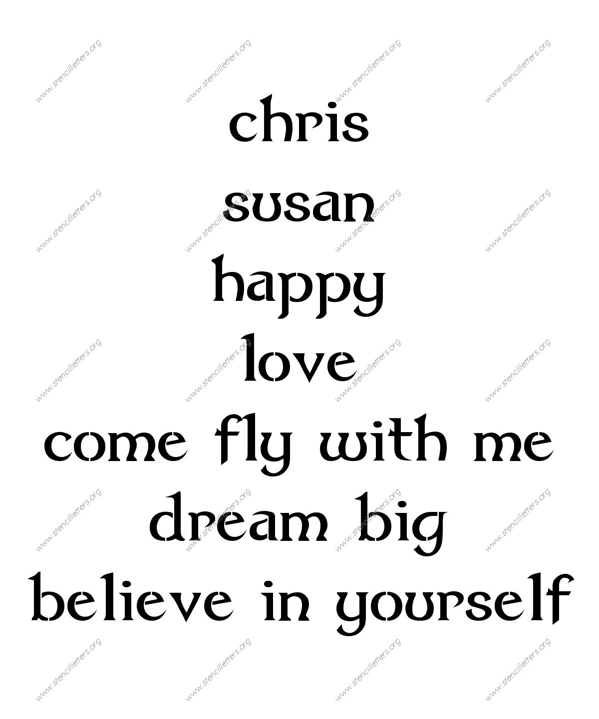 Celtic Fantasy lowercase stencil Names, Words, Phrases samples